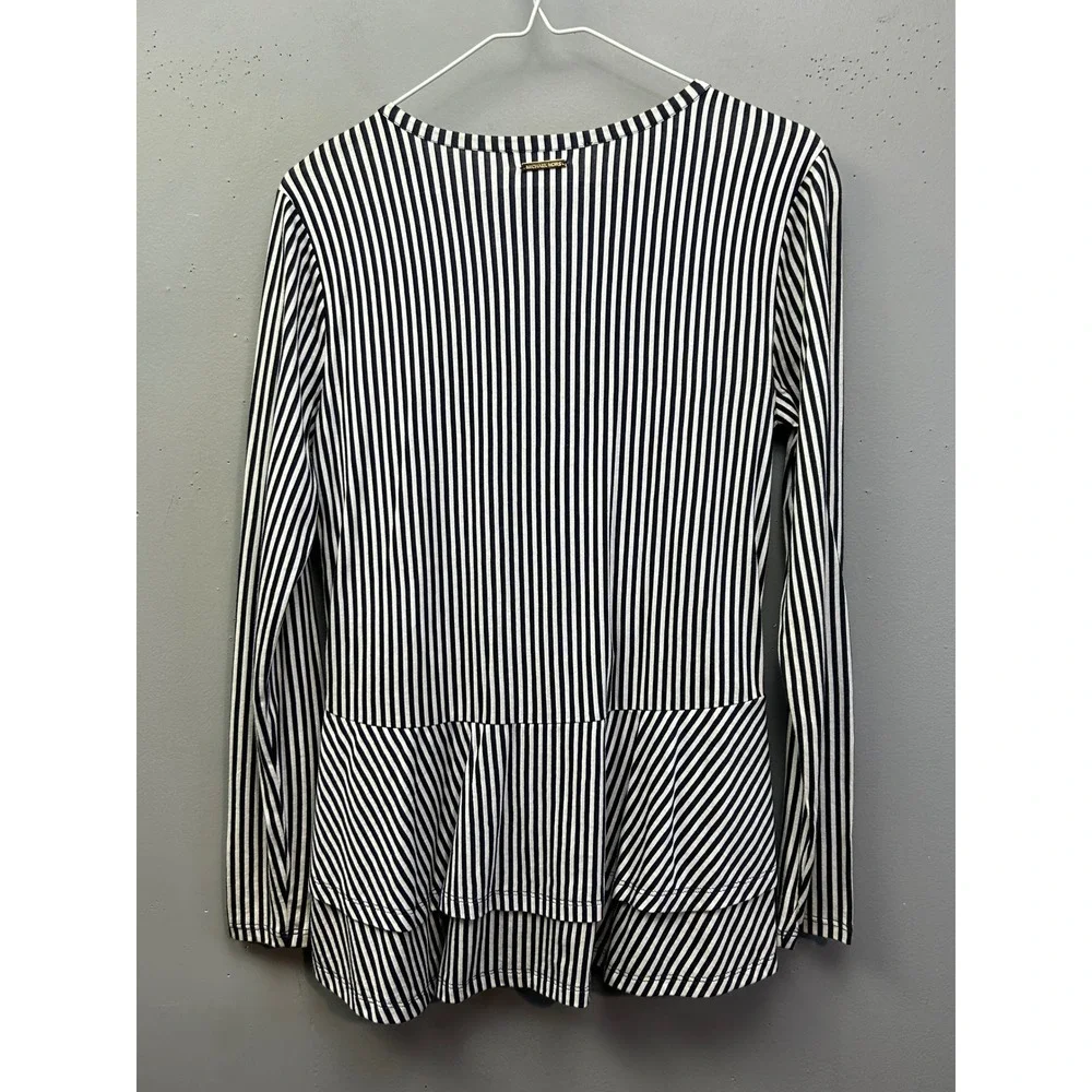 Michael Kors Top Womens Small Blue White Striped Peplum Long Sleeve Crew Neck